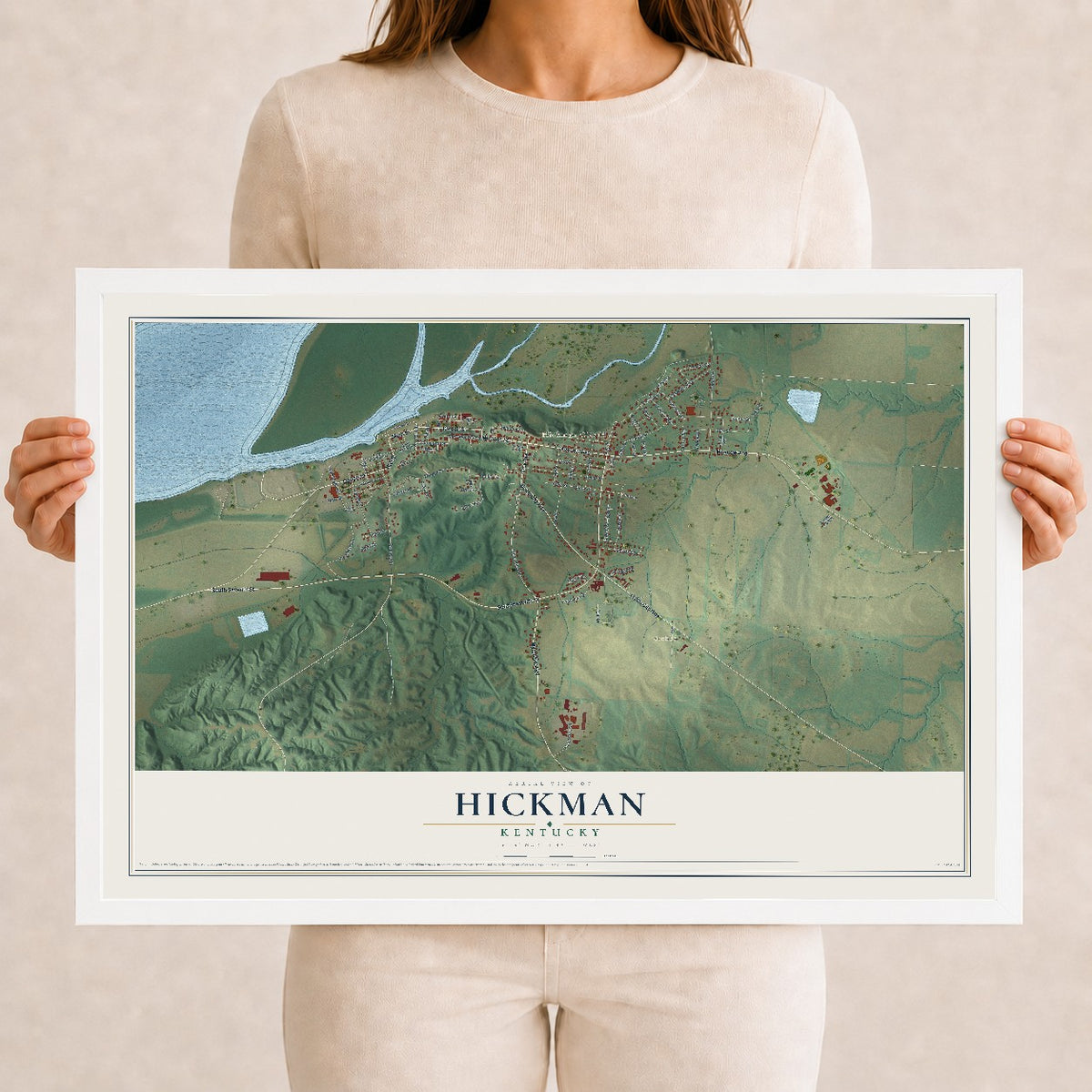 Map of Hickman, Kentucky, 12 x 18 inch print in a white wood frame