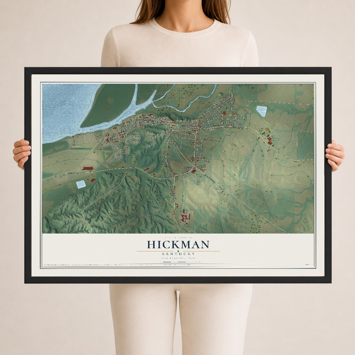 Map of Hickman, Kentucky, 24 x 36 inch print in a black wood frame