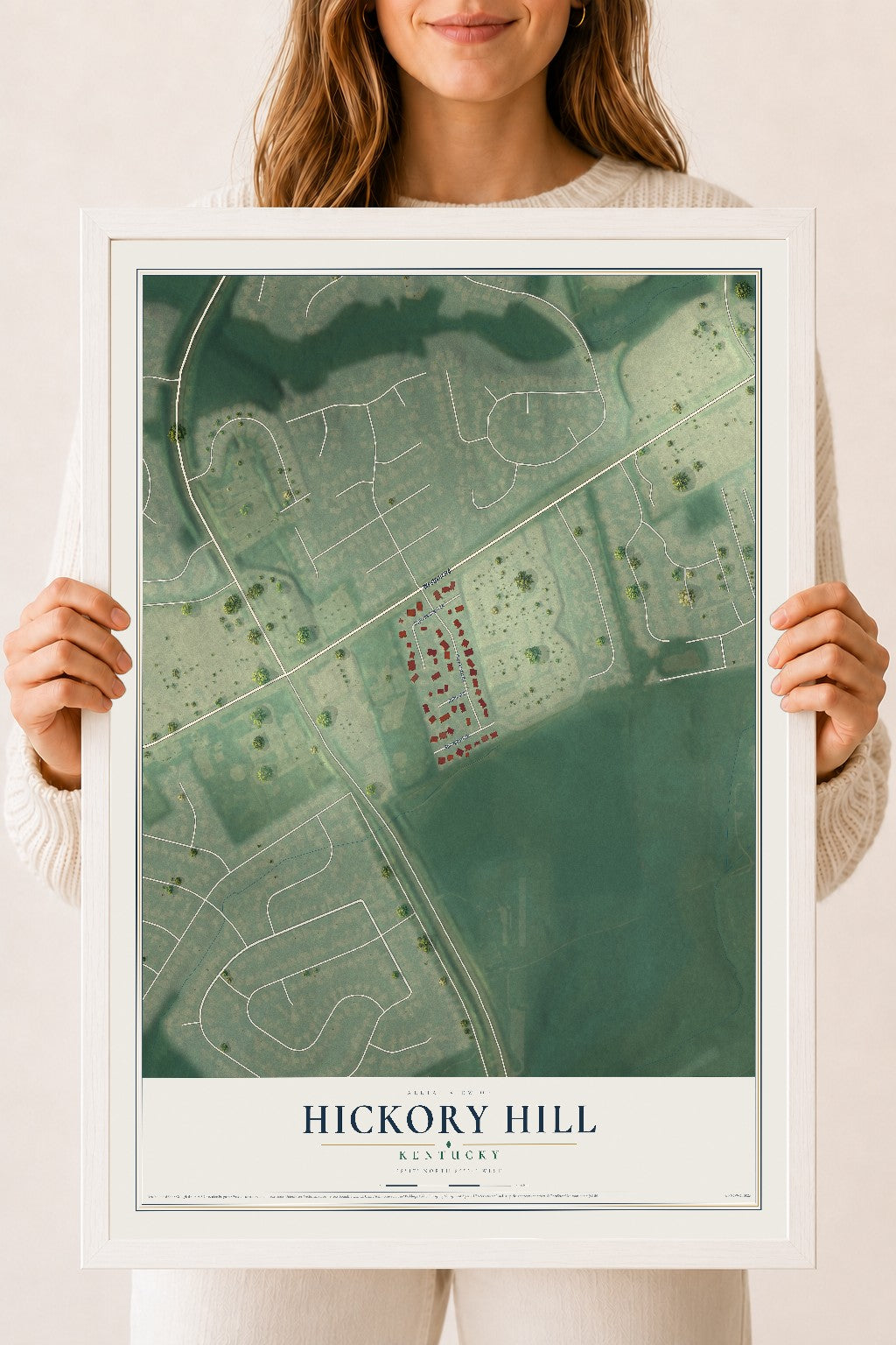 Map of Hickory Hill, Kentucky, 18 x 24 inch print in a white wood frame