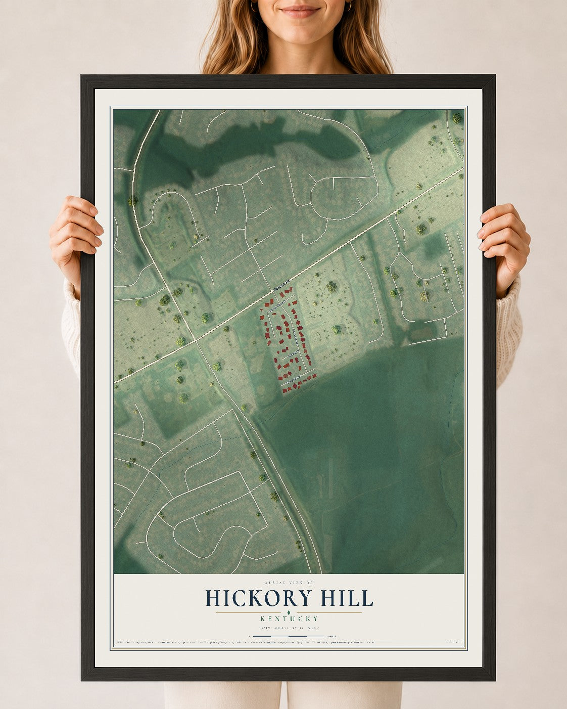 Map of Hickory Hill, Kentucky, 24 x 36 inch print in a black wood frame