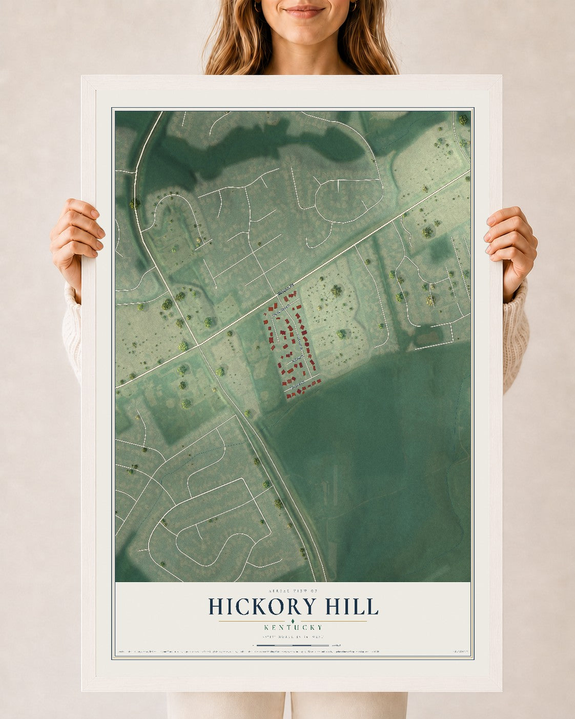 Map of Hickory Hill, Kentucky, 24 x 36 inch print in a white wood frame