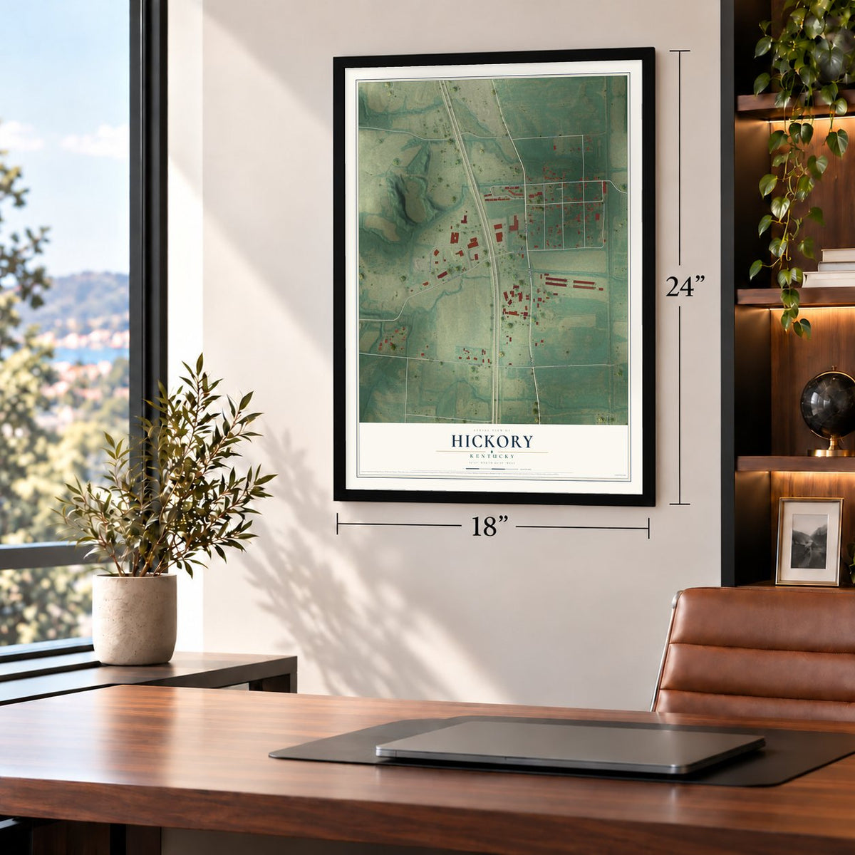 Hickory, Kentucky map, 18 x 24 inch print in a black frame in a home office