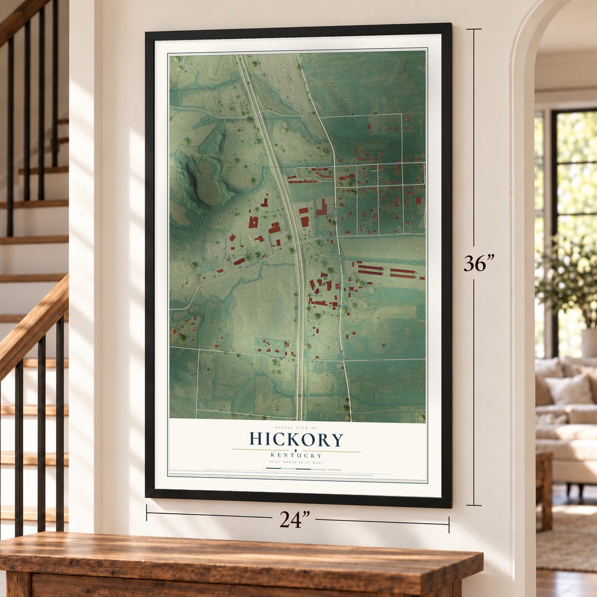 Hickory, Kentucky map, 24 x 36 inch print in a black frame by a staircase