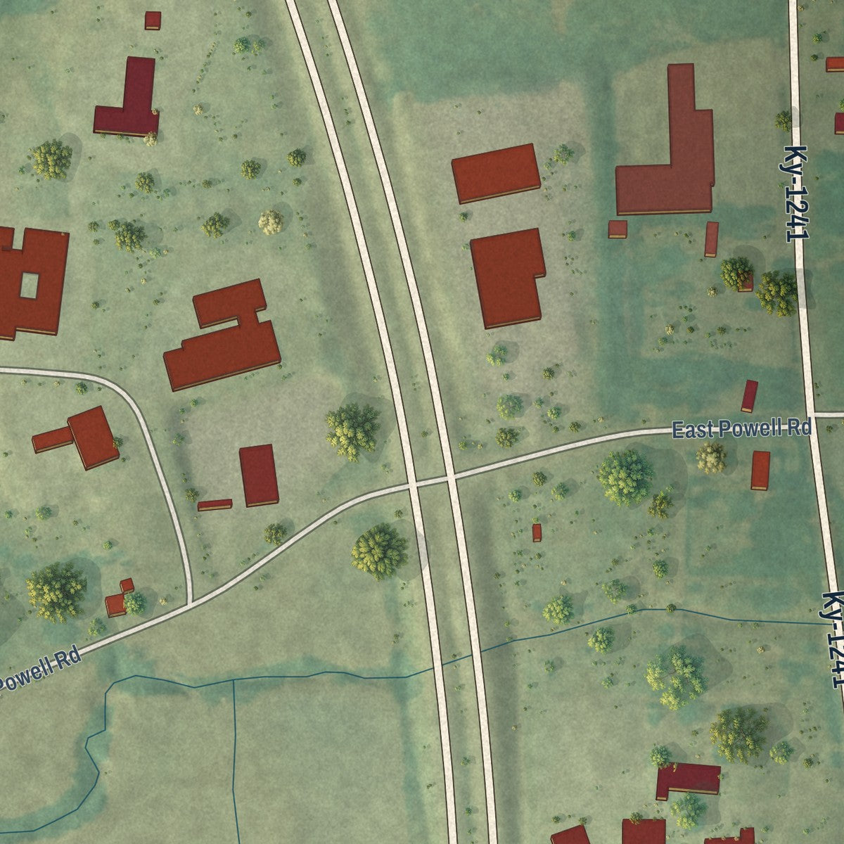 Close-up of the map of Hickory, Kentucky print showing street and building detail