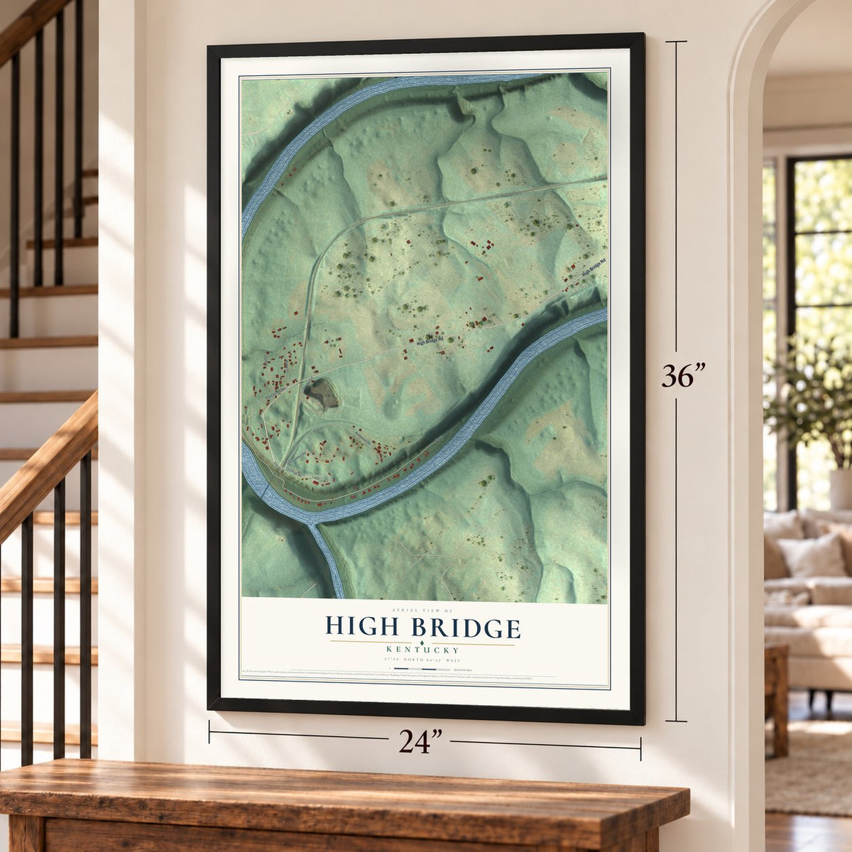 High Bridge, Kentucky map, 24 x 36 inch print in a black frame by a staircase