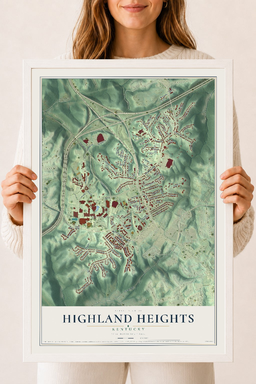 Map of Highland Heights, Kentucky, 18 x 24 inch print in a white wood frame