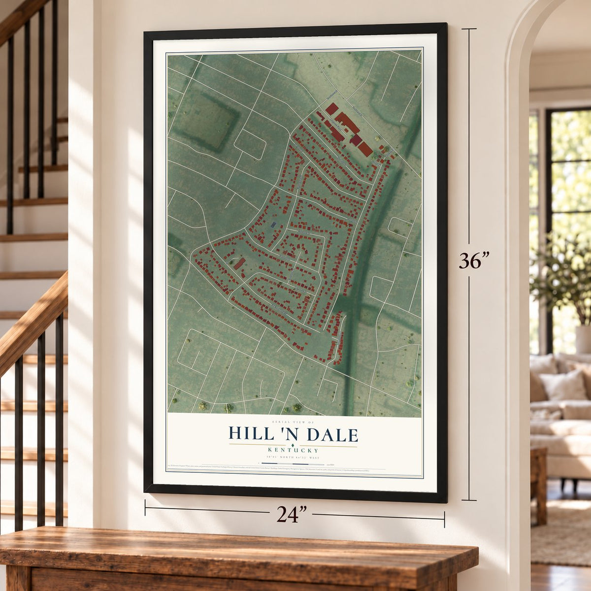 Hill 'n Dale, Kentucky map, 24 x 36 inch print in a black frame by a staircase