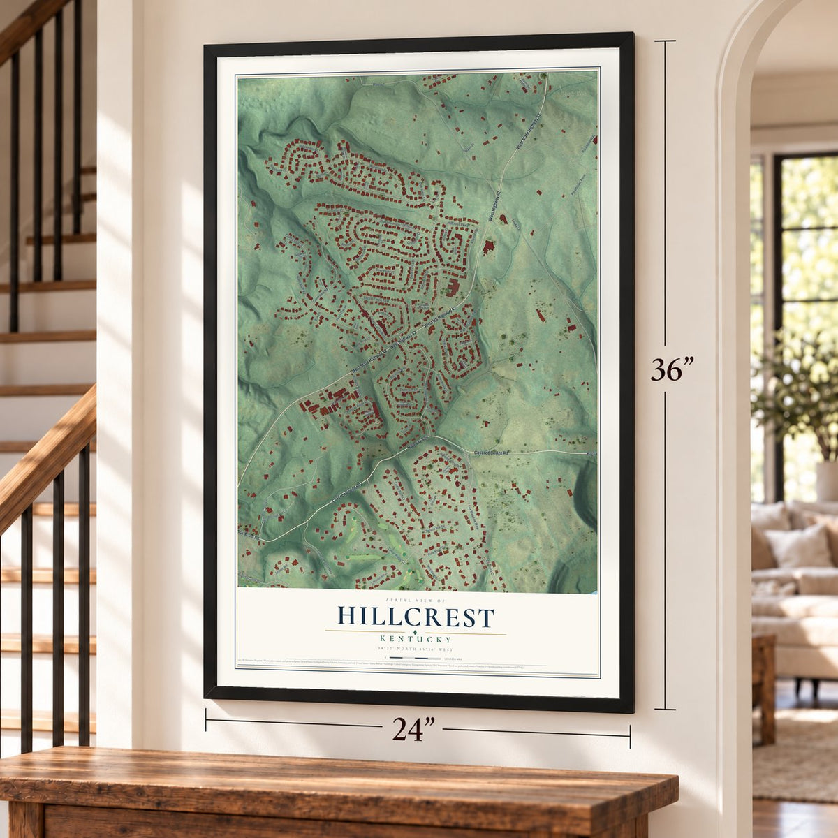 Hillcrest, Kentucky map, 24 x 36 inch print in a black frame by a staircase