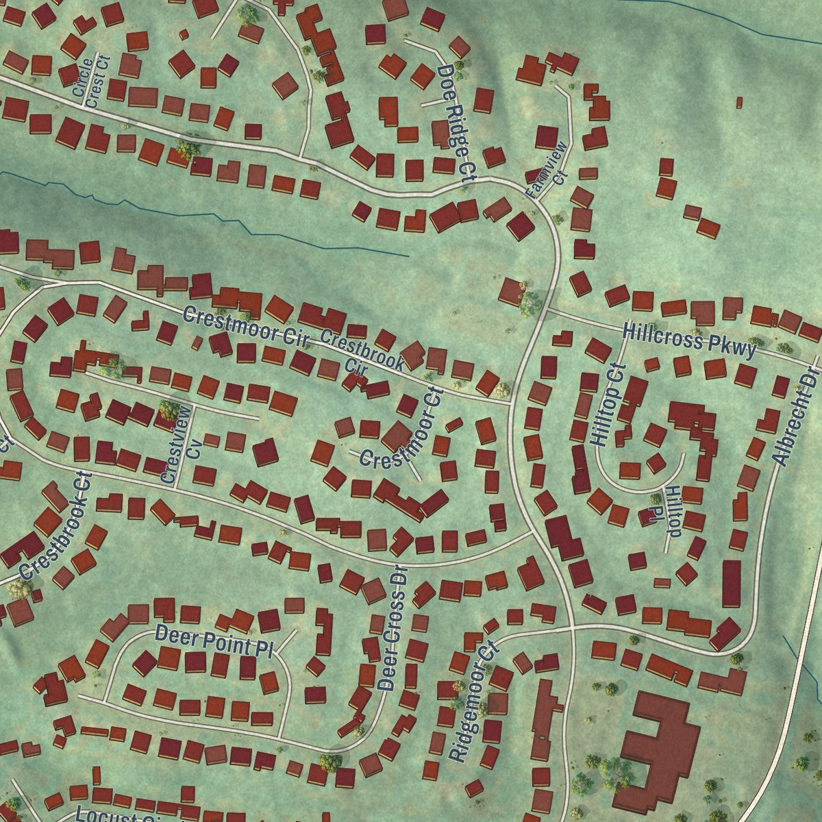 Close-up of the map of Hillcrest, Kentucky print showing street and building detail