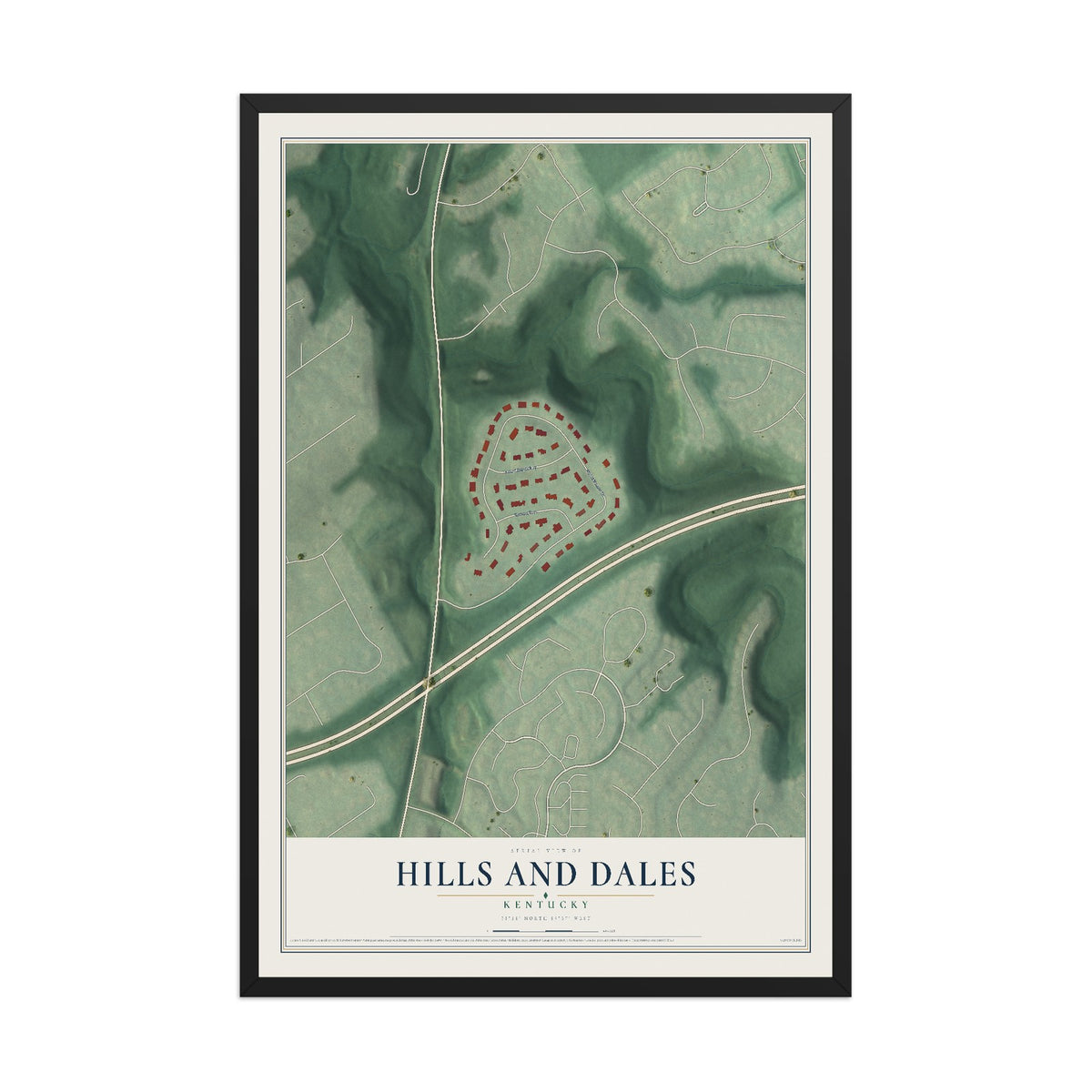 Map of Hills and Dales, Kentucky, 12 x 18 inch print in a black wood frame