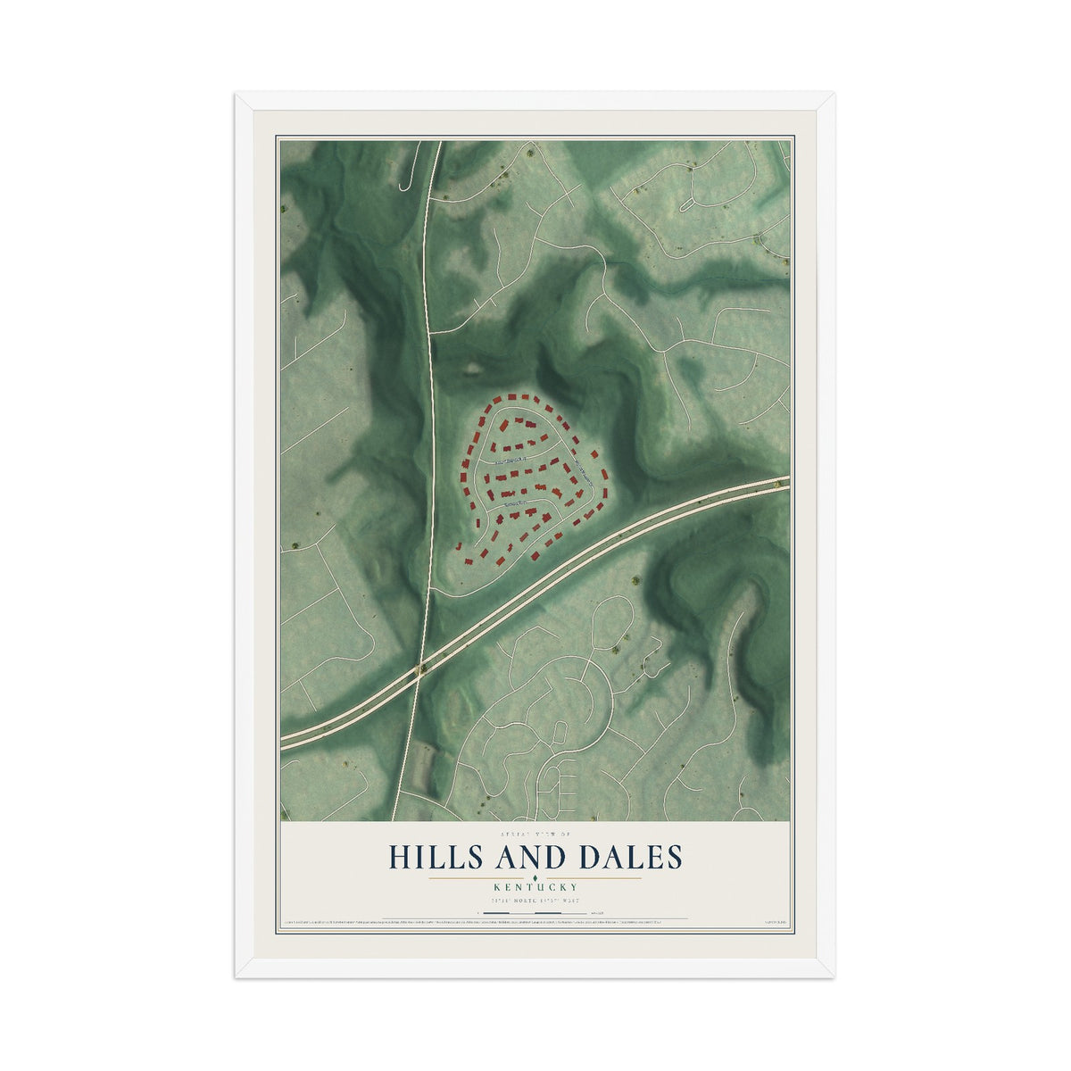 Map of Hills and Dales, Kentucky, 12 x 18 inch print in a white wood frame