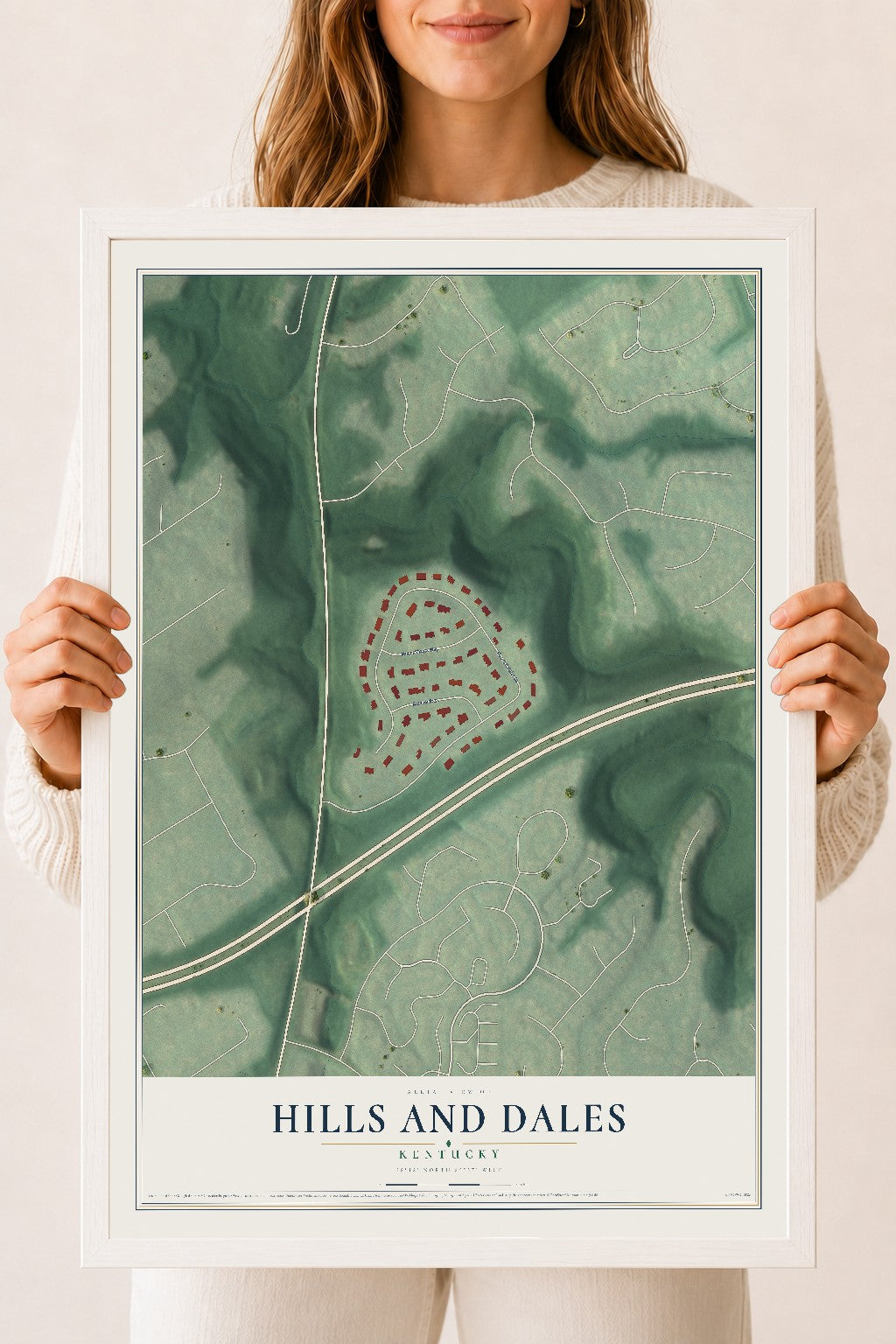 Map of Hills and Dales, Kentucky, 18 x 24 inch print in a white wood frame