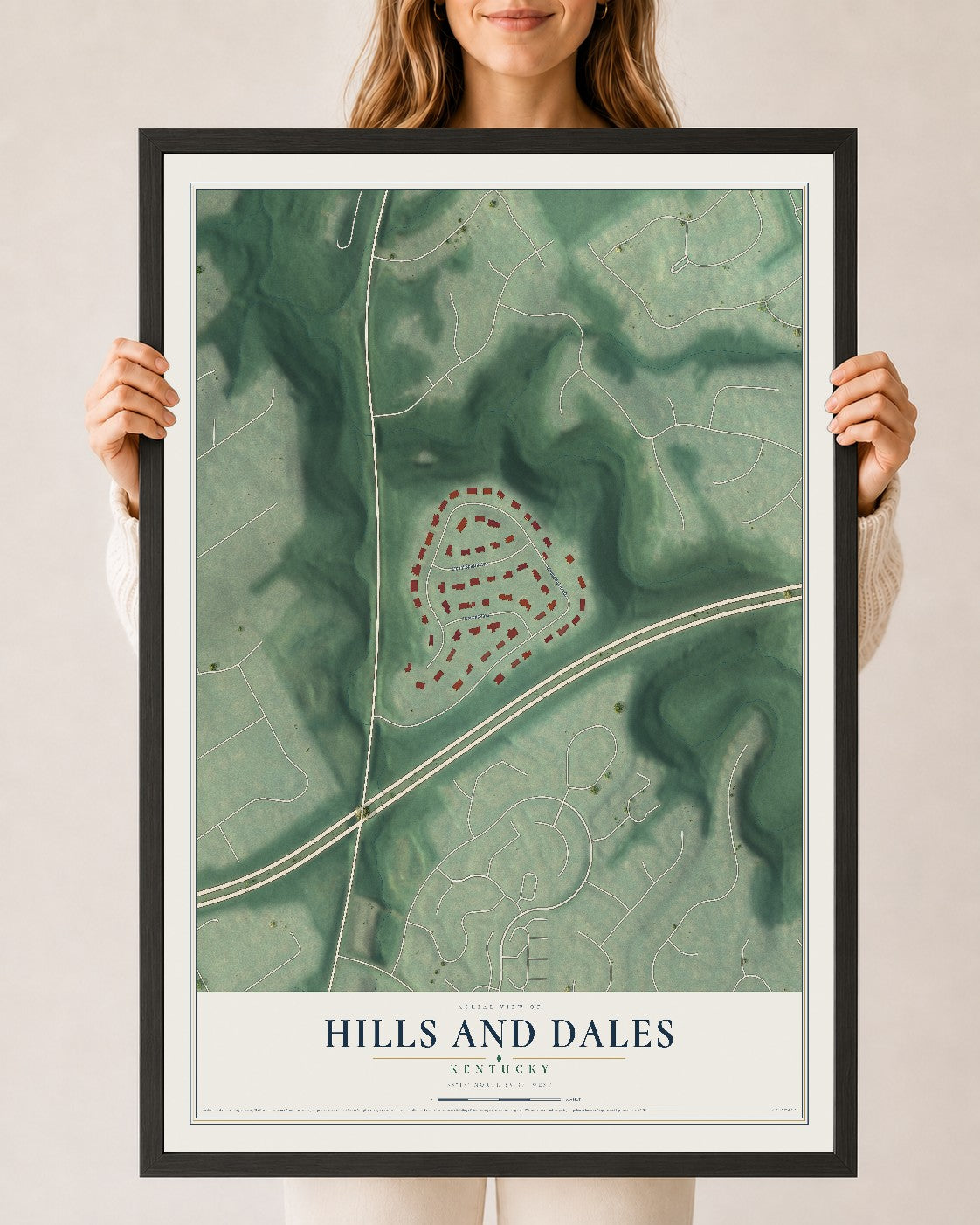 Map of Hills and Dales, Kentucky, 24 x 36 inch print in a black wood frame