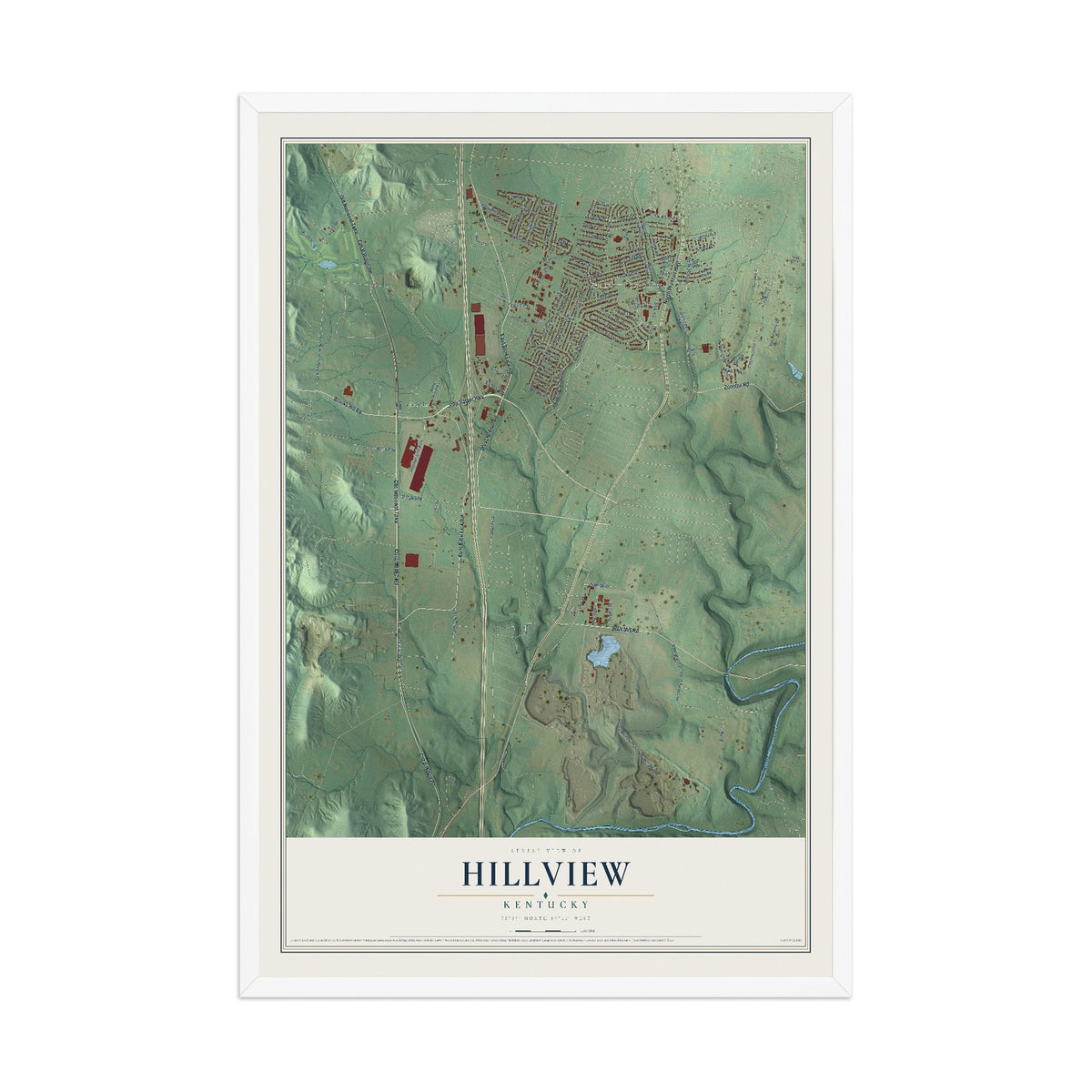 Map of Hillview, Kentucky, 12 x 18 inch print in a white wood frame