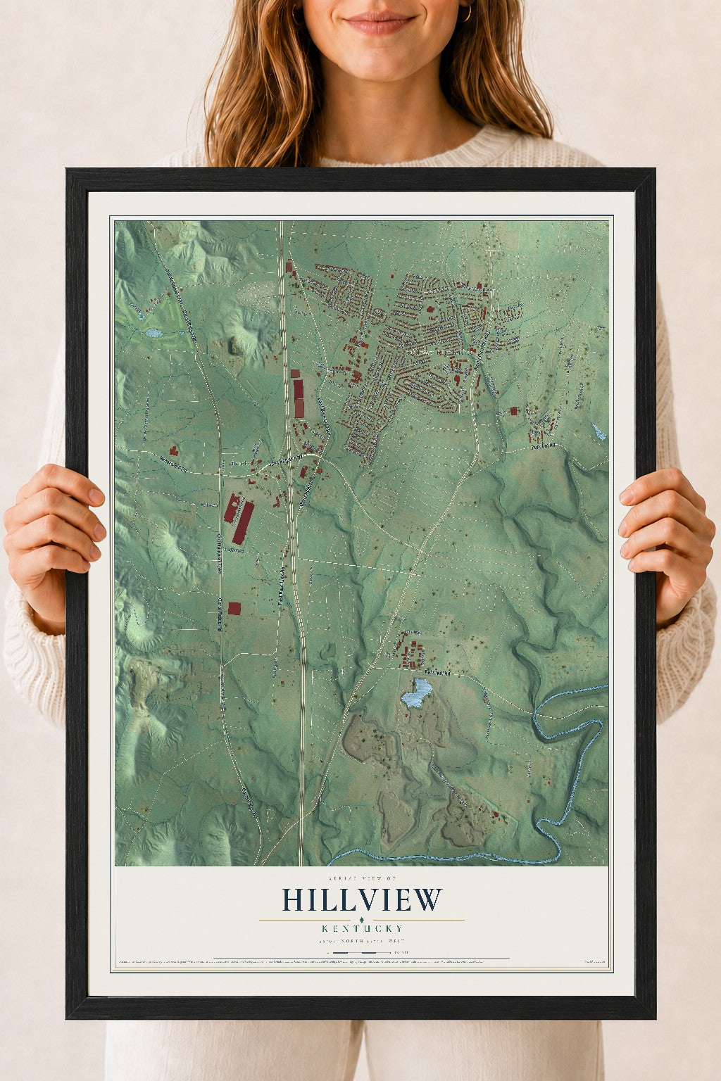Map of Hillview, Kentucky, 18 x 24 inch print in a black wood frame