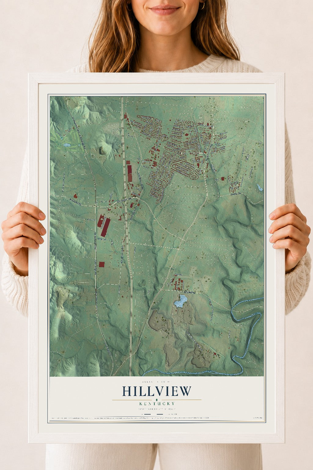 Map of Hillview, Kentucky, 18 x 24 inch print in a white wood frame