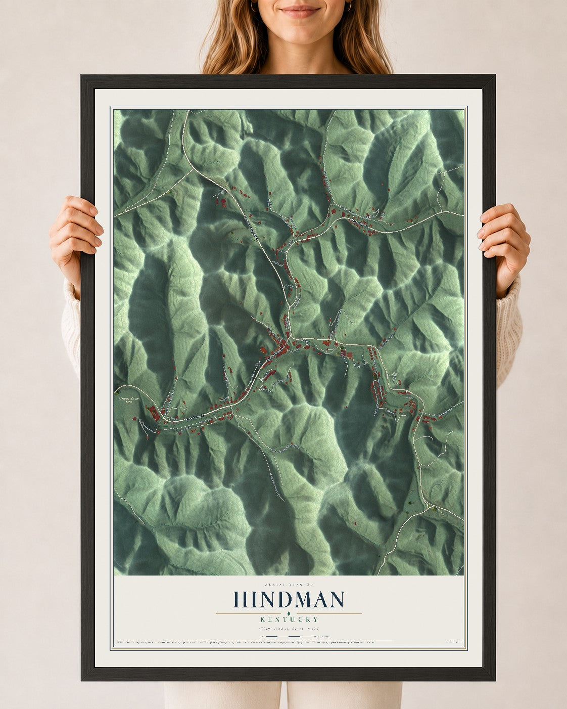 Map of Hindman, Kentucky, 24 x 36 inch print in a black wood frame