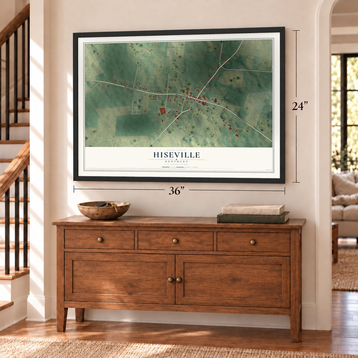 Hiseville, Kentucky map, 24 x 36 inch print in a black frame above a dresser by a staircase