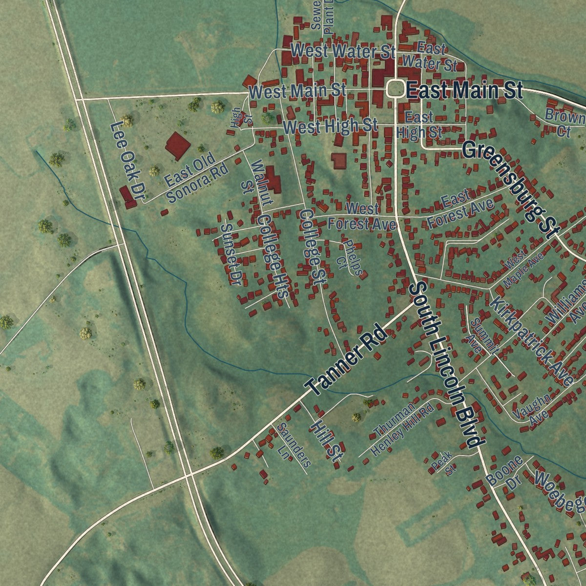 Close-up of the map of Hodgenville, Kentucky print showing street and building detail
