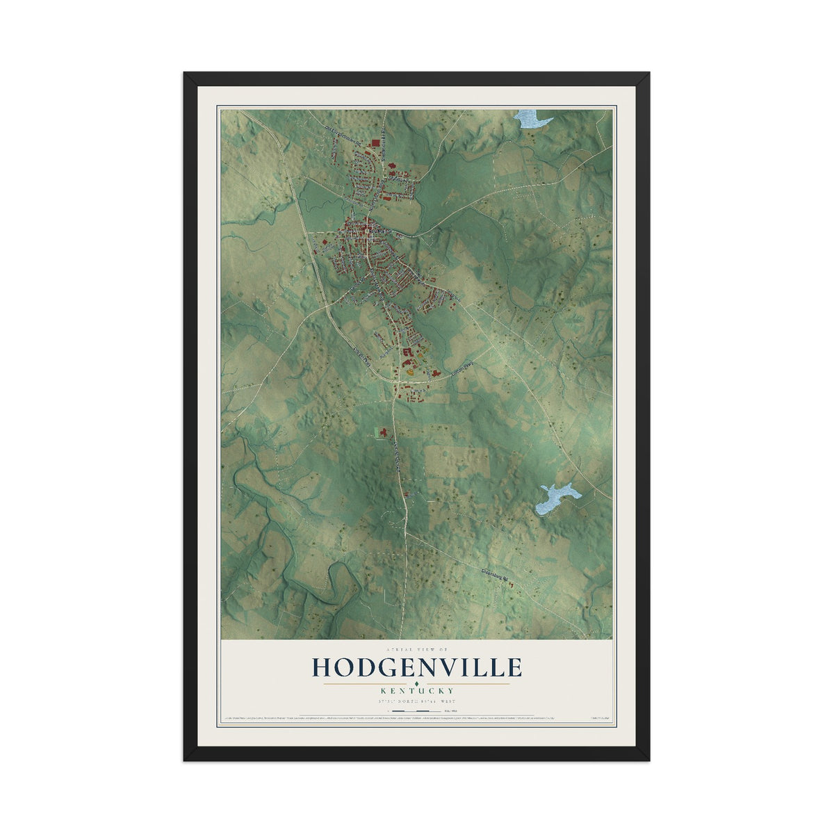 Map of Hodgenville, Kentucky, 12 x 18 inch print in a black wood frame