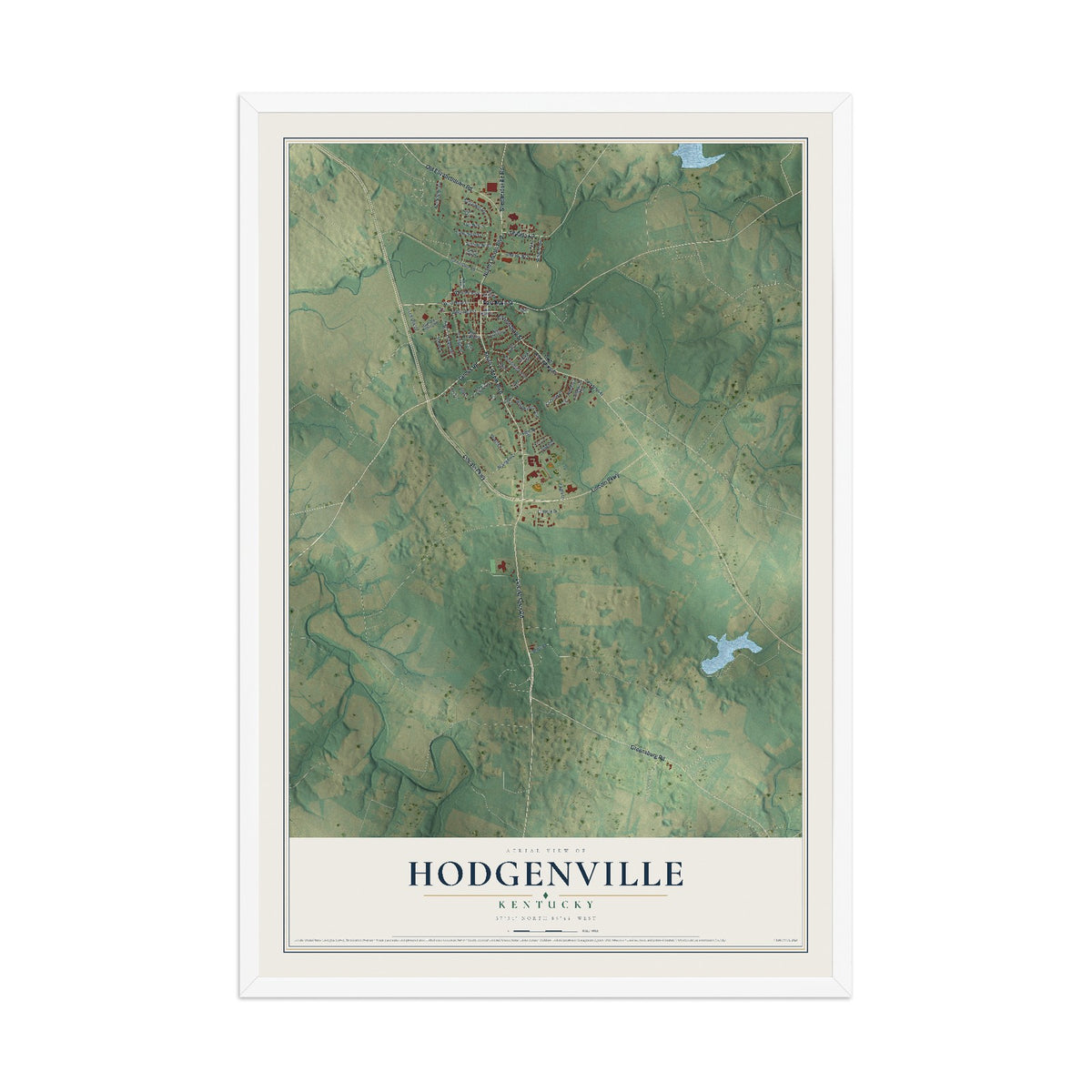 Map of Hodgenville, Kentucky, 12 x 18 inch print in a white wood frame