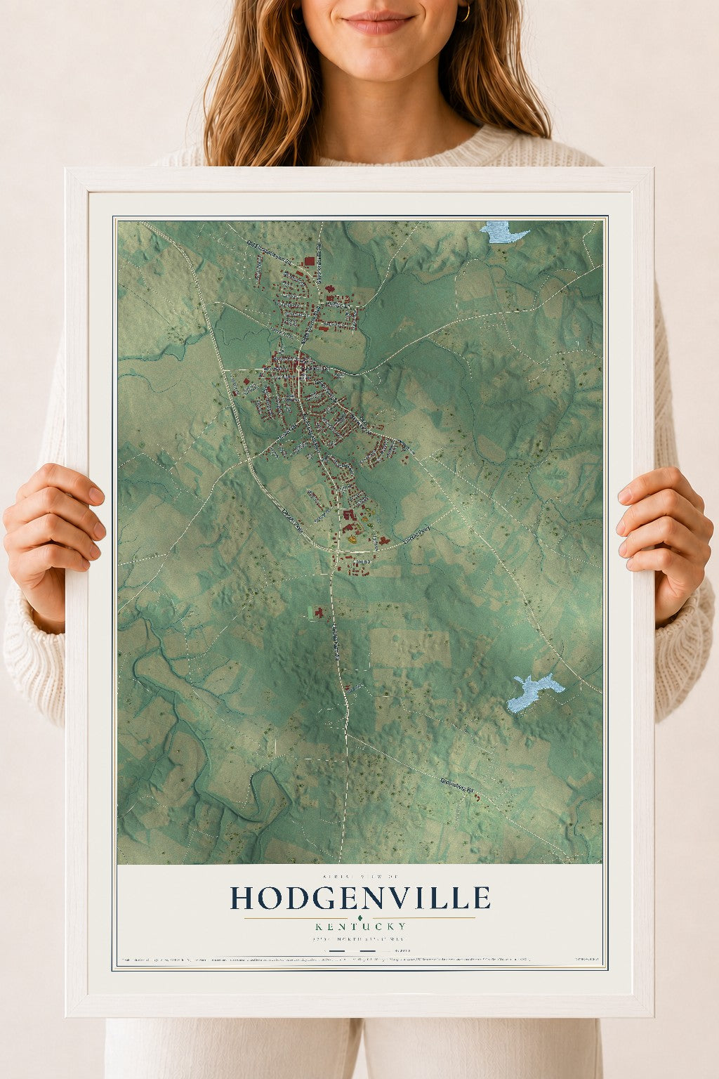 Map of Hodgenville, Kentucky, 18 x 24 inch print in a white wood frame
