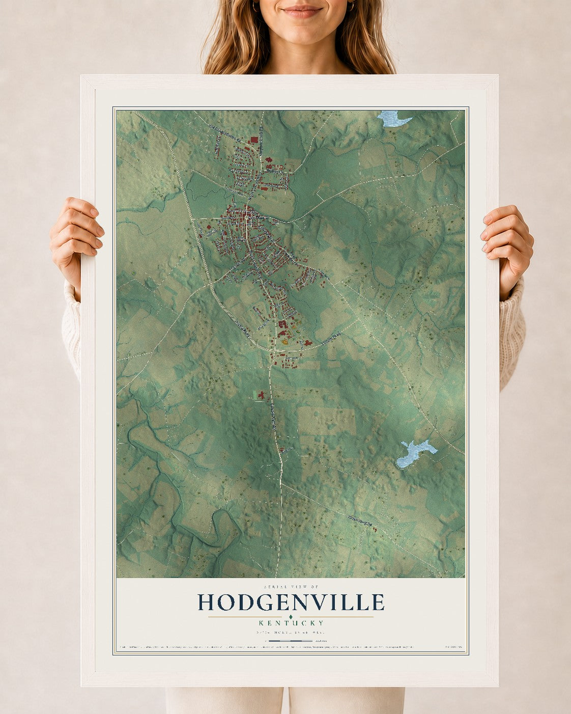 Map of Hodgenville, Kentucky, 24 x 36 inch print in a white wood frame