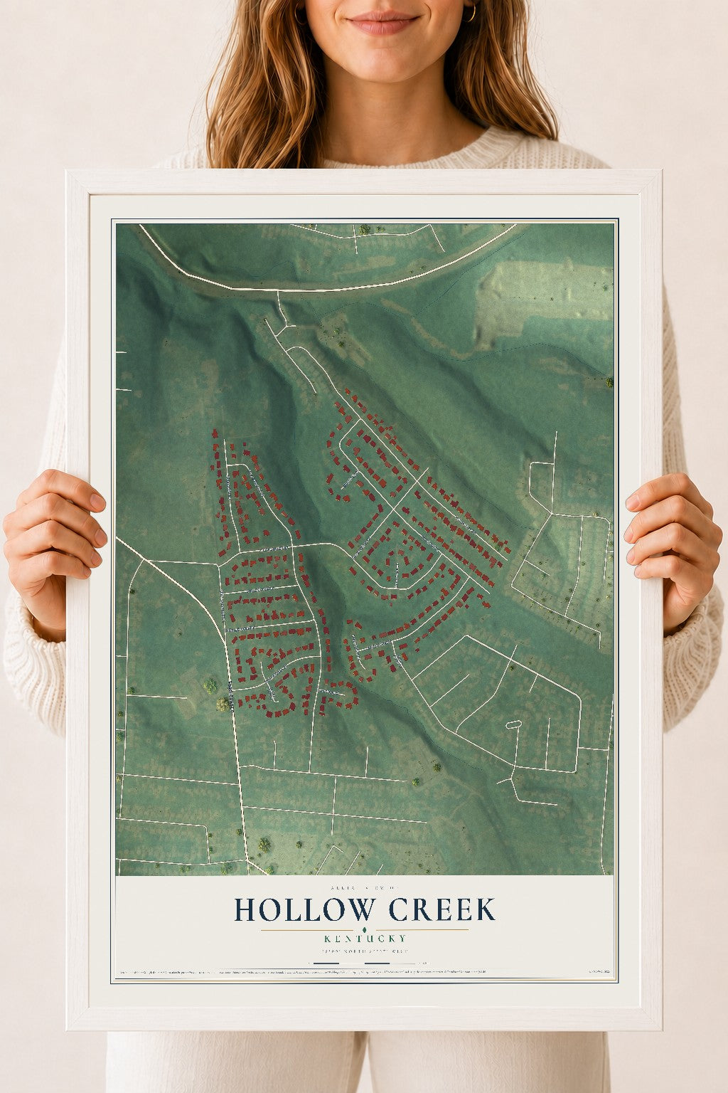 Map of Hollow Creek, Kentucky, 18 x 24 inch print in a white wood frame