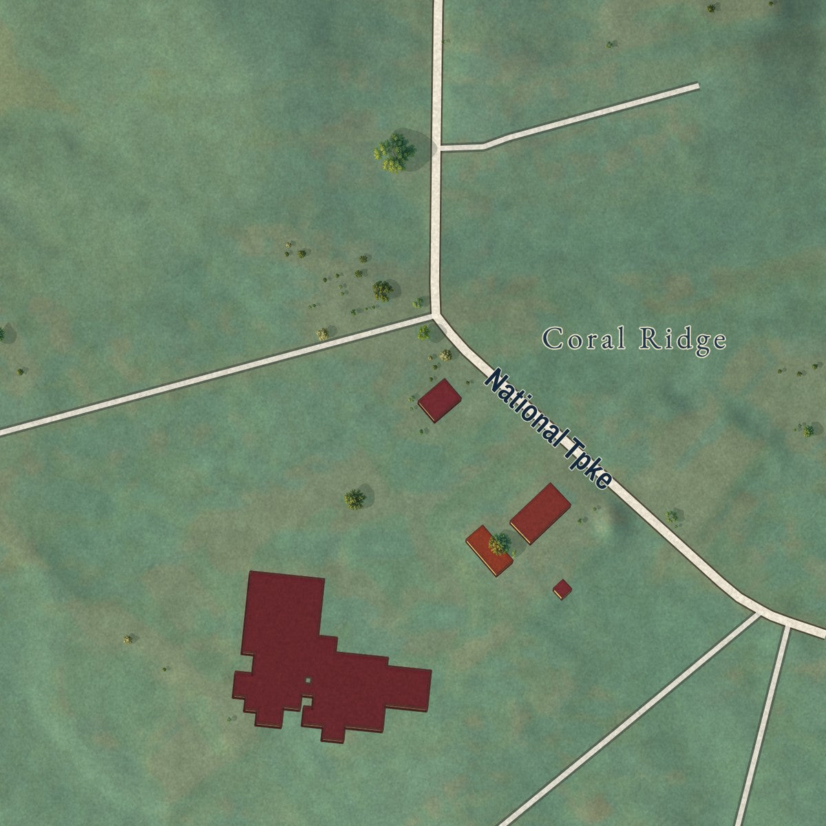 Second close-up of the map of Hollyvilla, Kentucky print showing more streets and buildings