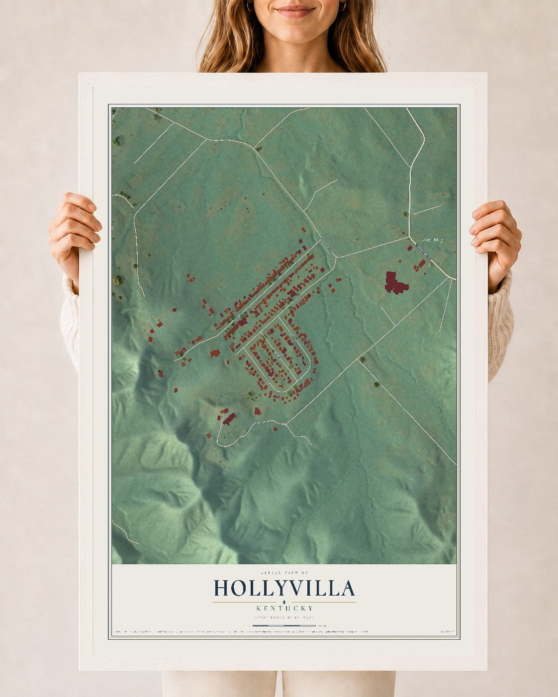 Map of Hollyvilla, Kentucky, 24 x 36 inch print in a white wood frame