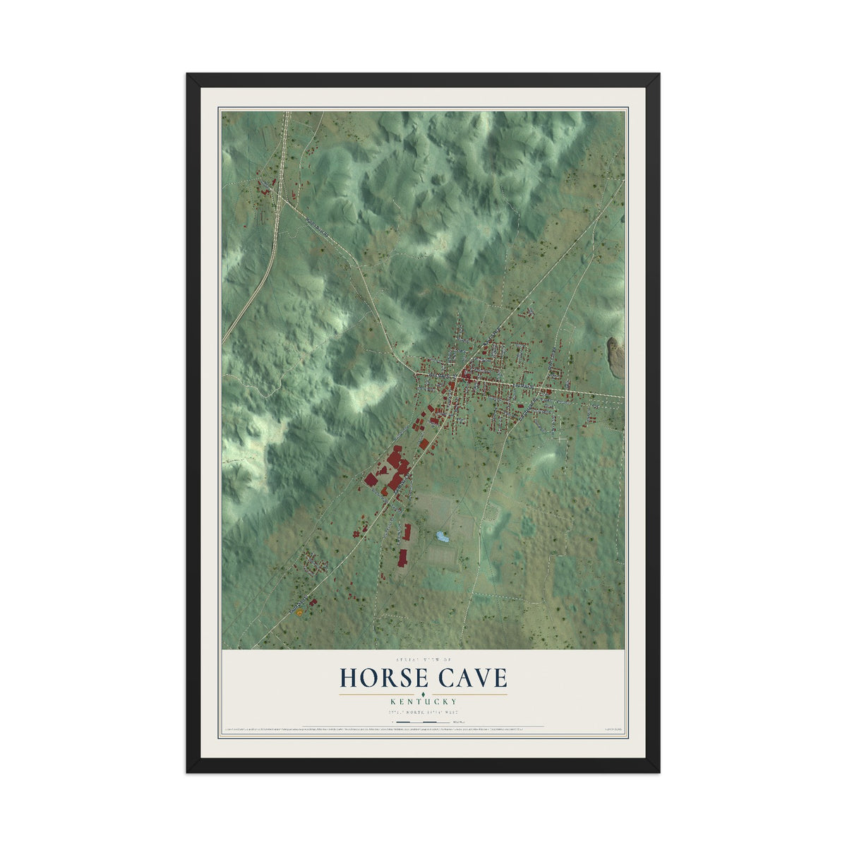 Map of Horse Cave, Kentucky, 12 x 18 inch print in a black wood frame