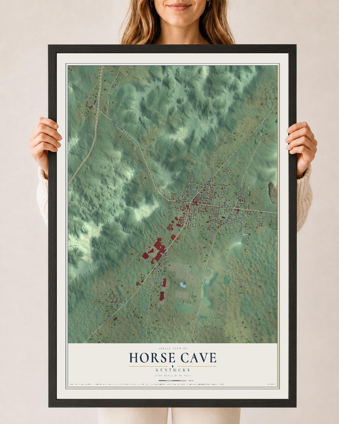 Map of Horse Cave, Kentucky, 24 x 36 inch print in a black wood frame