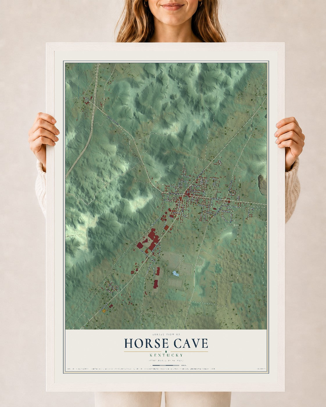 Map of Horse Cave, Kentucky, 24 x 36 inch print in a white wood frame