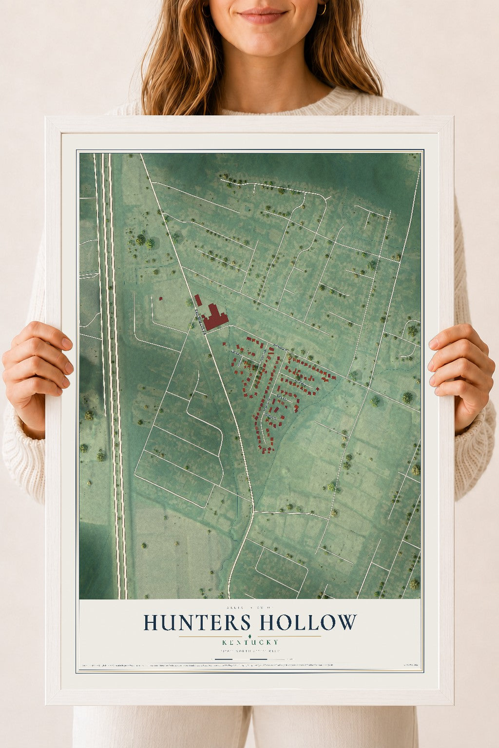 Map of Hunters Hollow, Kentucky, 18 x 24 inch print in a white wood frame