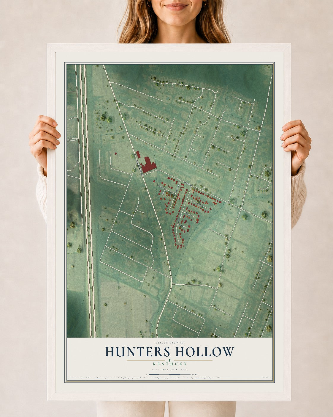Map of Hunters Hollow, Kentucky, 24 x 36 inch print in a white wood frame