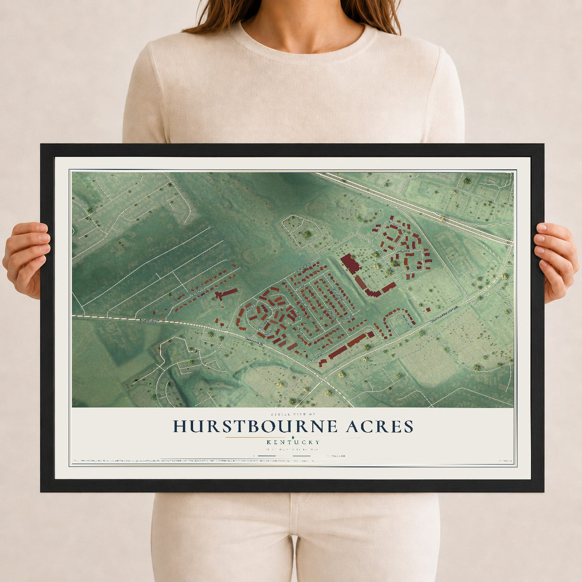 Map of Hurstbourne Acres, Kentucky, 12 x 18 inch print in a black wood frame