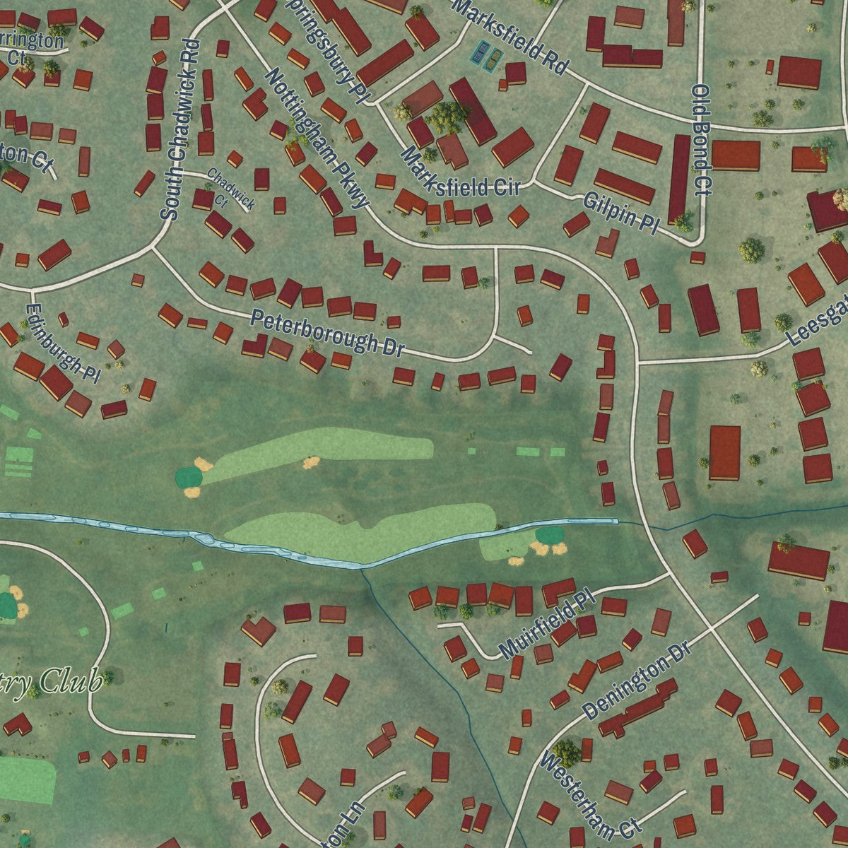 Close-up of the map of Hurstbourne, Kentucky print showing street and building detail