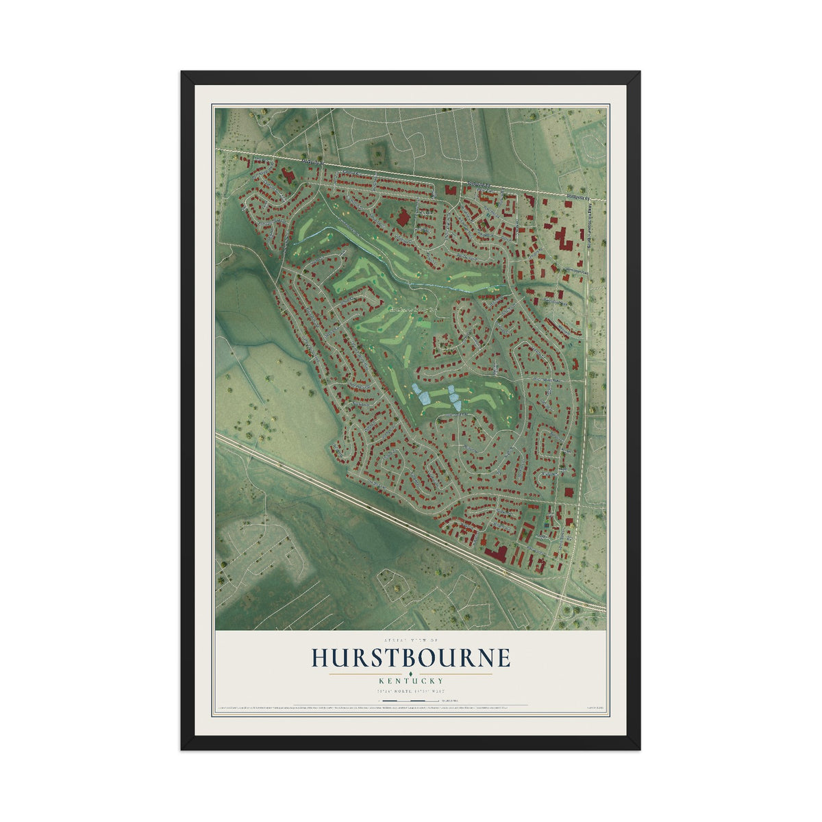 Map of Hurstbourne, Kentucky, 12 x 18 inch print in a black wood frame