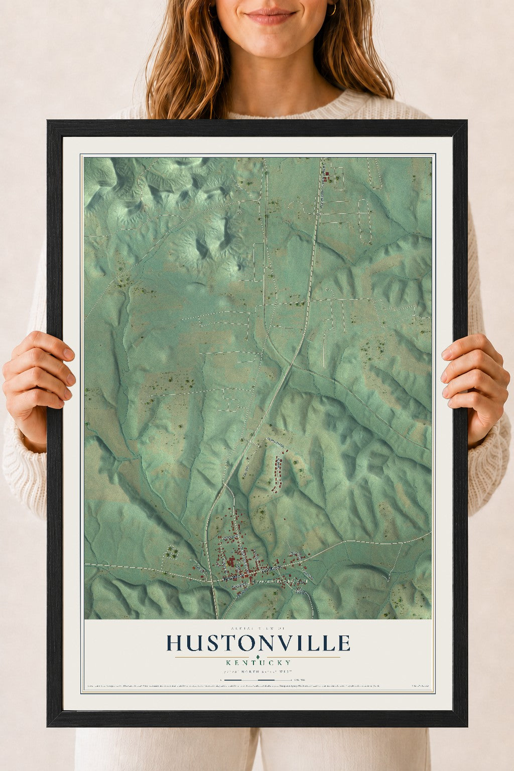 Map of Hustonville, Kentucky, 18 x 24 inch print in a black wood frame