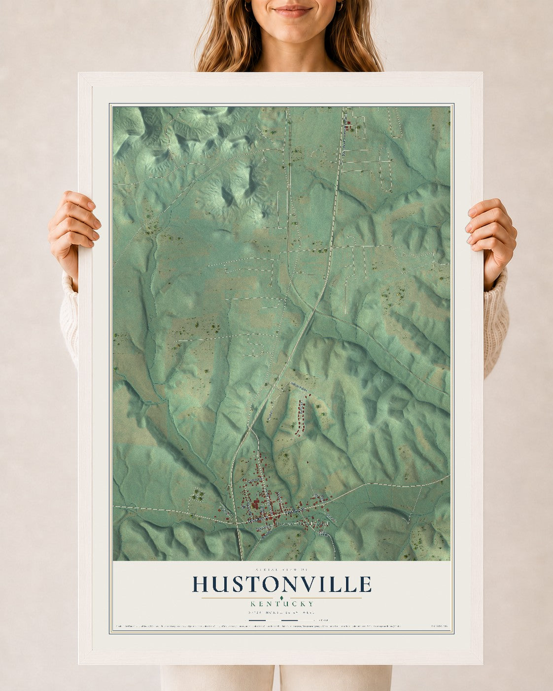 Map of Hustonville, Kentucky, 24 x 36 inch print in a white wood frame
