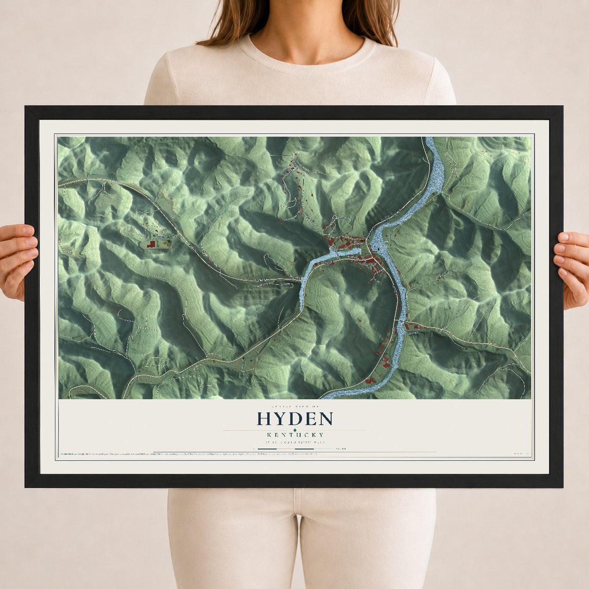 Map of Hyden, Kentucky, 18 x 24 inch print in a black wood frame