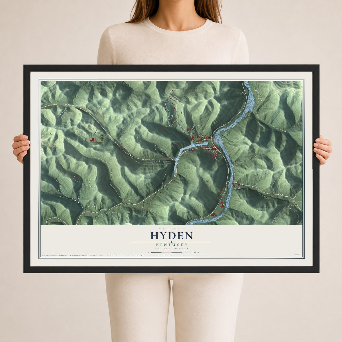 Map of Hyden, Kentucky, 24 x 36 inch print in a black wood frame