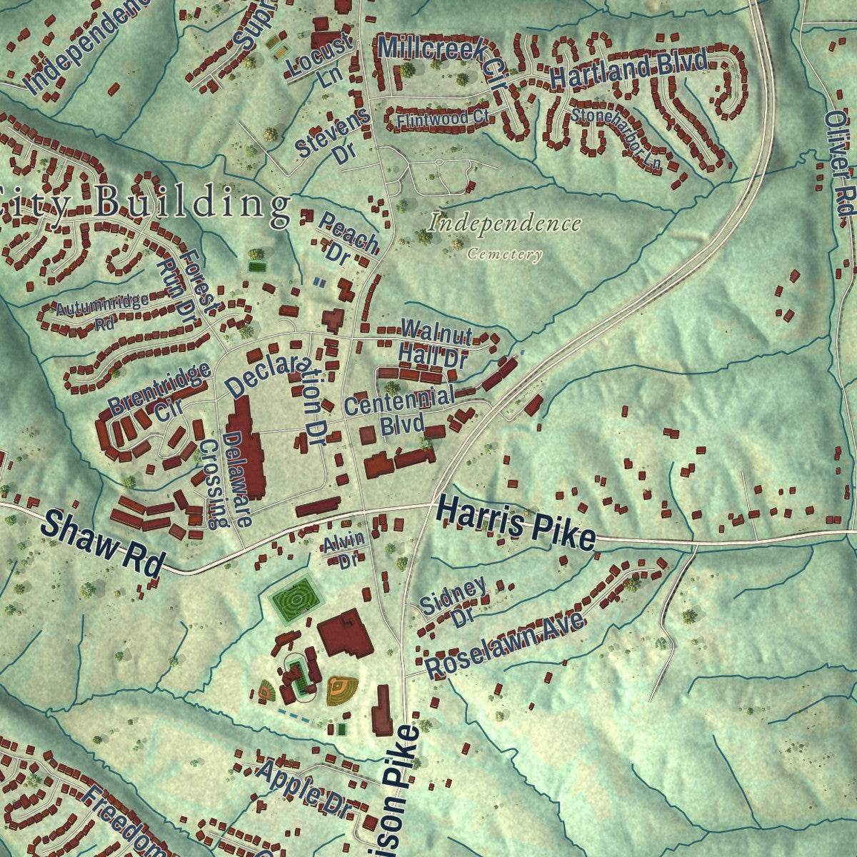 Close-up of the map of Independence, Kentucky print showing street and building detail
