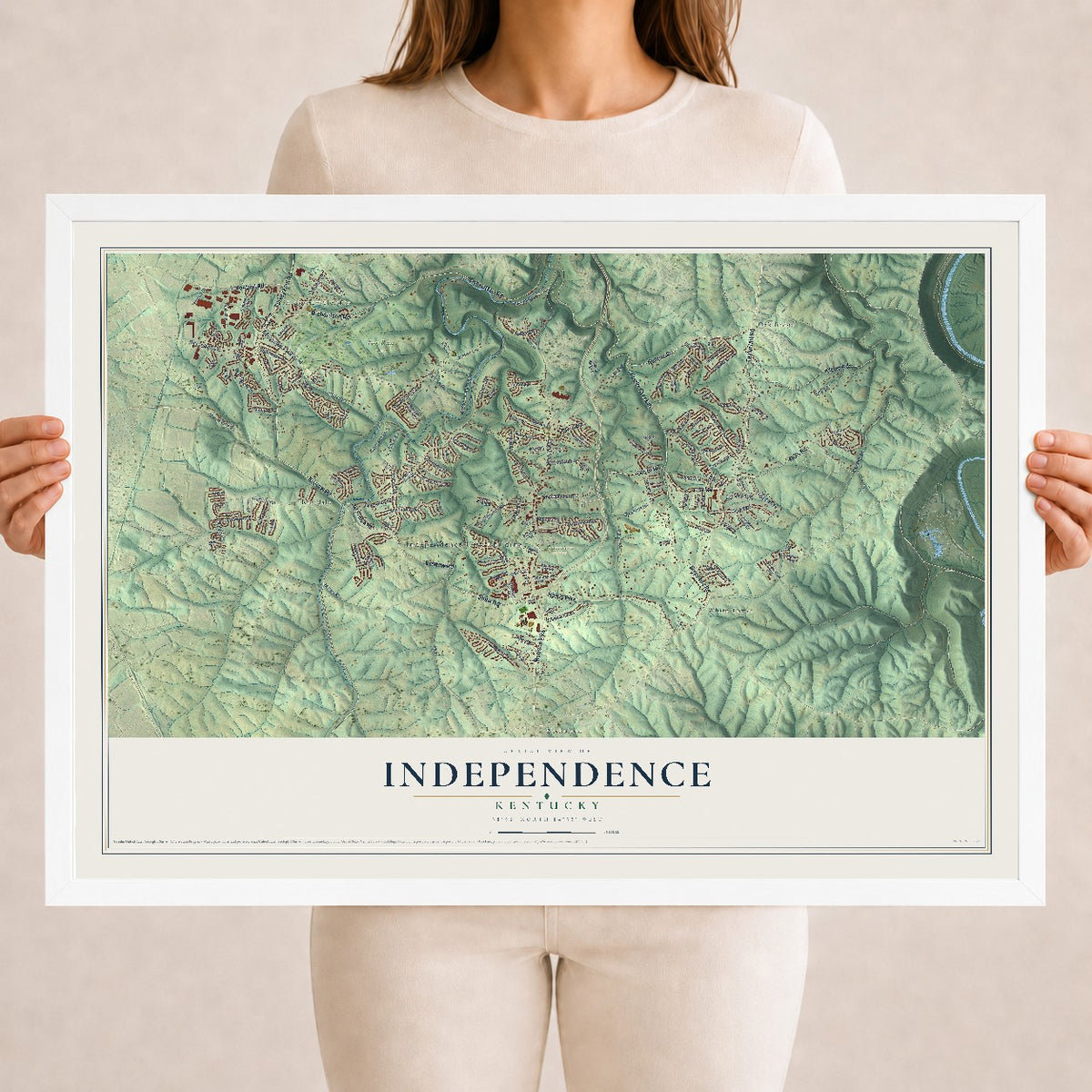 Map of Independence, Kentucky, 18 x 24 inch print in a white wood frame