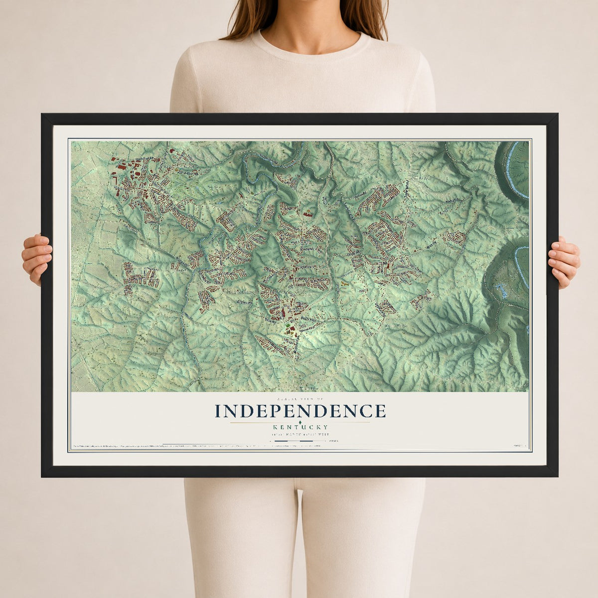 Map of Independence, Kentucky, 24 x 36 inch print in a black wood frame
