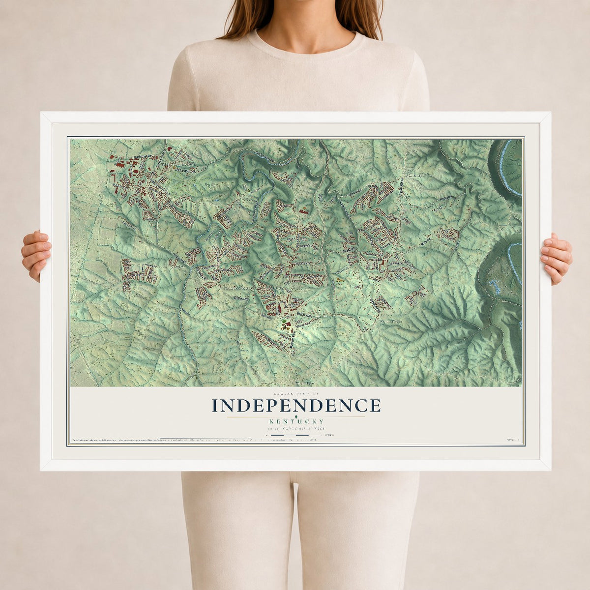Map of Independence, Kentucky, 24 x 36 inch print in a white wood frame