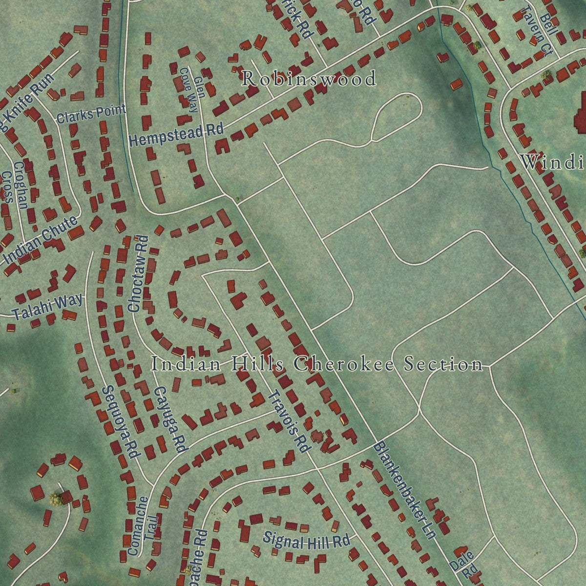 Close-up of the map of Indian Hills, Kentucky print showing street and building detail