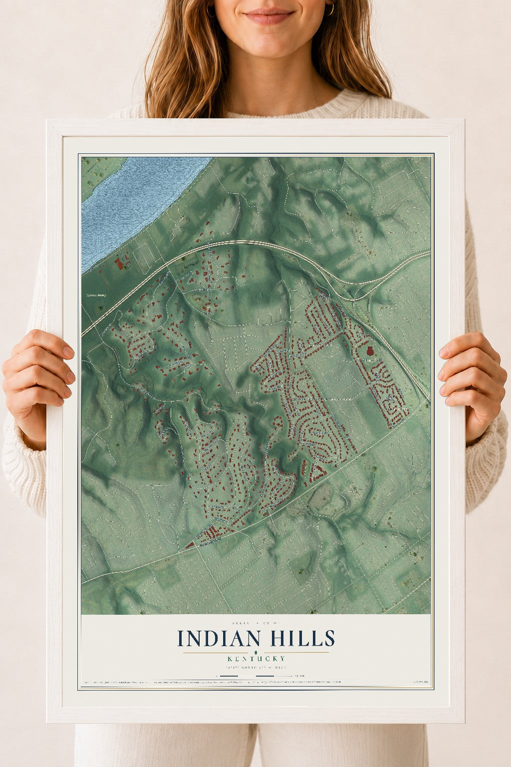 Map of Indian Hills, Kentucky, 18 x 24 inch print in a white wood frame