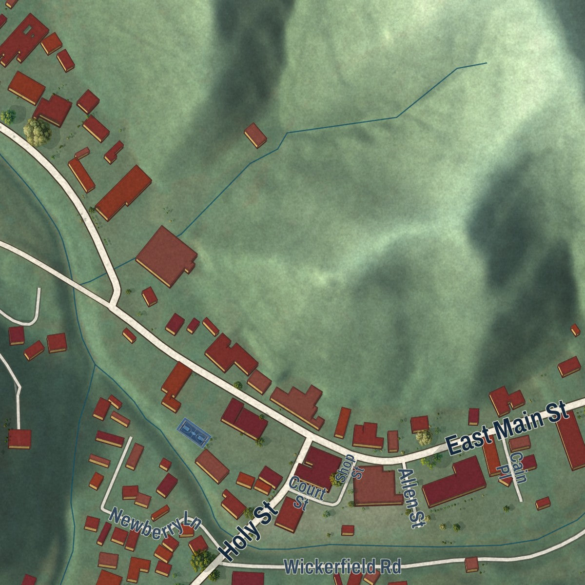 Close-up of the map of Inez, Kentucky print showing street and building detail
