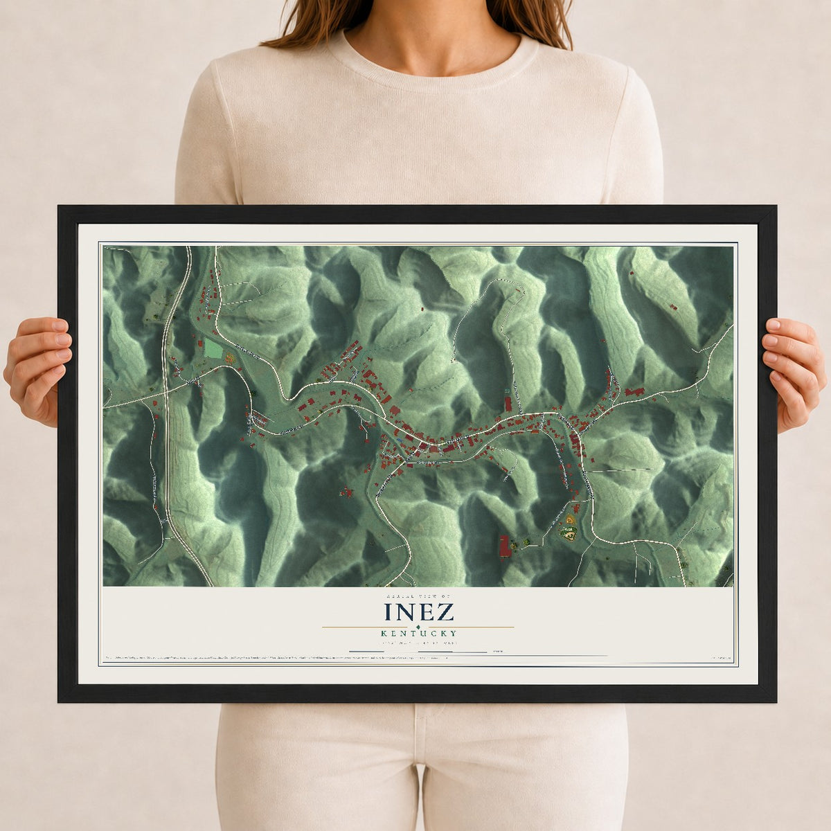 Map of Inez, Kentucky, 12 x 18 inch print in a black wood frame